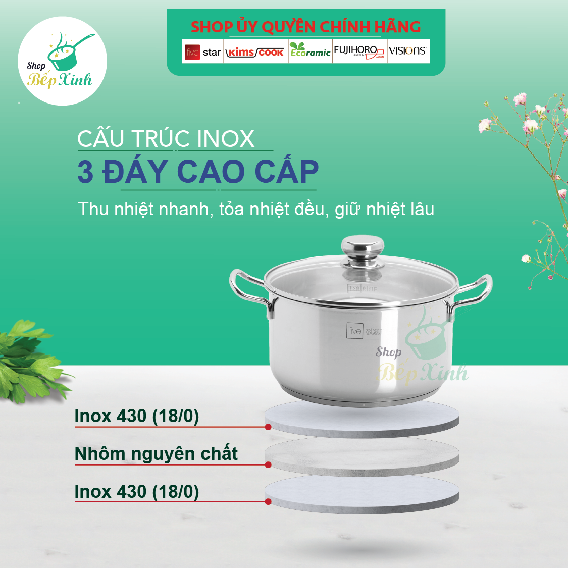Bộ 4 Nồi Nắp Kiếng 3 Đáy FIVESTAR FS08CG - Hàng Chính Hãng