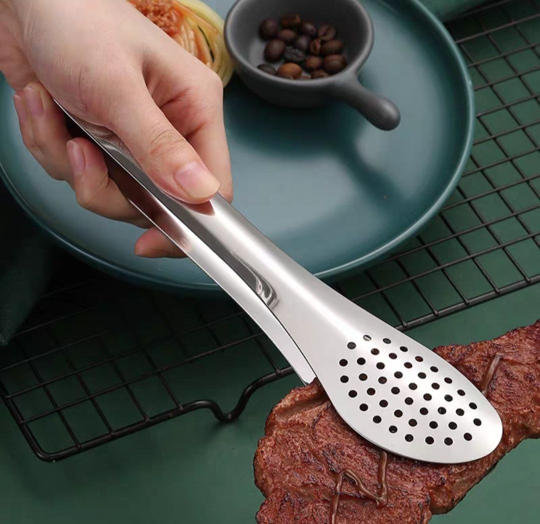 Kẹp gắp thức ăn bằng inox đầu tròn có nhiều lỗ ráo mỡ - nhiều cỡ 18cm - 23cm - 28cm