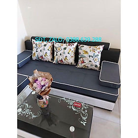 Bộ sofa phòng Khách 2m2 dành cho chung cư Bình Long Sofa bao gồm đủ gối, đôn và bàn trà kính