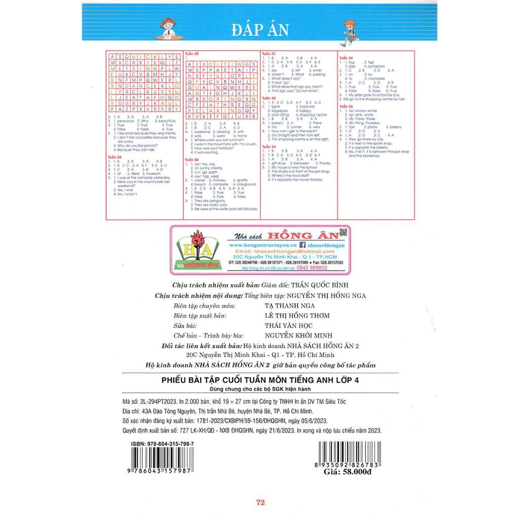 Sách - Phiếu Bài Tập Cuối Tuần Môn Tiếng Anh Lớp 4 - Dùng Chung Cho Các Bộ SGK Hiện Hành - Hồng Ân