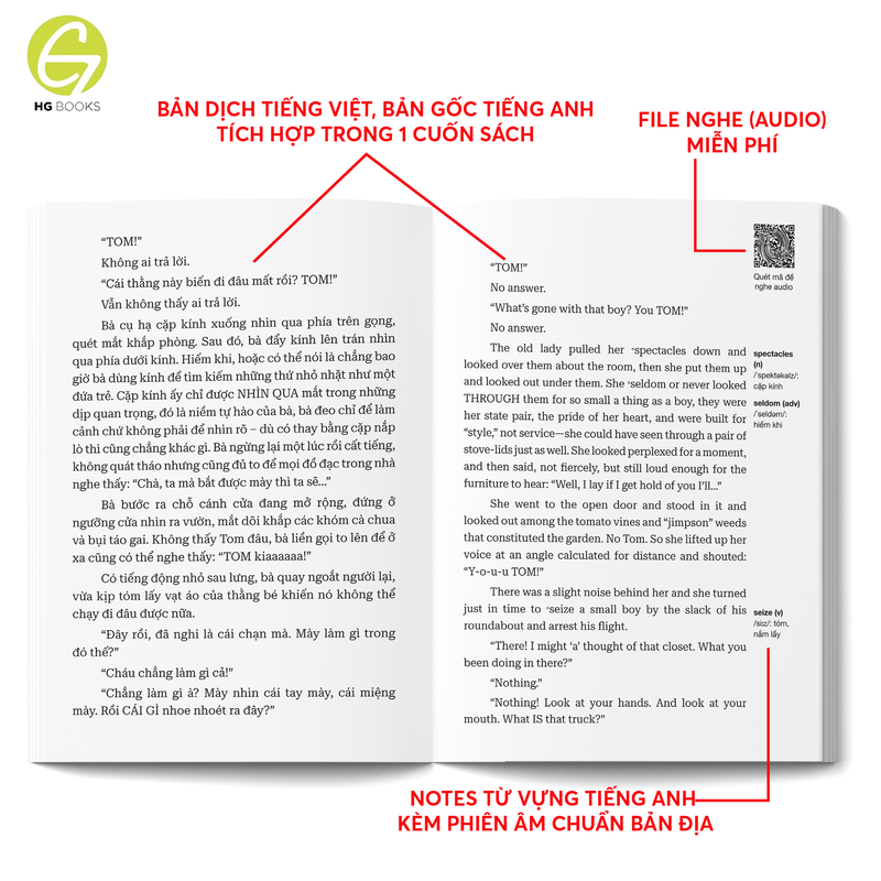 Những cuộc phiêu lưu của Tom Sawyer - Sách song ngữ kinh điển, có note từ vựng, tặng kèm file nghe - HG Books