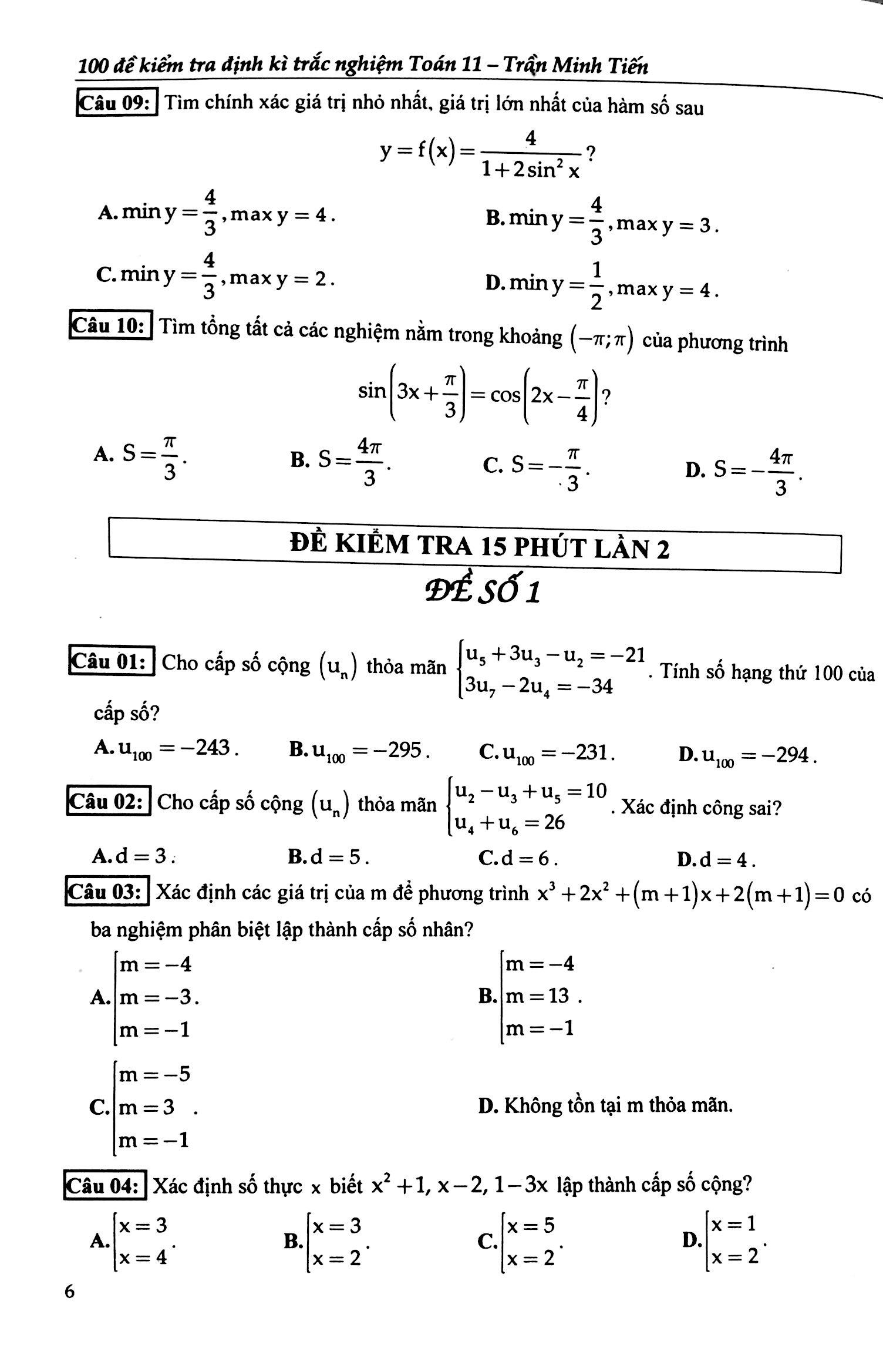 100 Đề Kiểm Tra Định Kì Trắc Nghiệm Toán Lớp 11