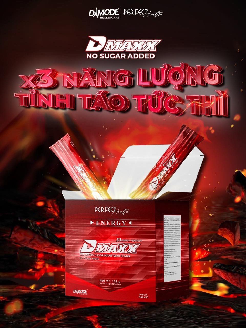 DMAXX thức uống bổ sung vitamin năng lượng không đường DAMODE 12 gói dùng thử màu đỏ