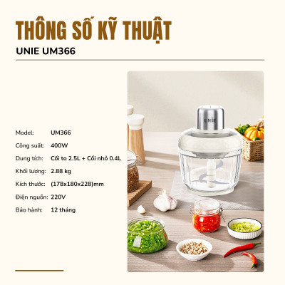 Máy xay thịt UNIE UM366, công suất 400W, 2 cối thủy tinh tiện lợi, động cơ đồng cao cấp; xay thịt, đánh ruốc, bóc tỏi tiện lợi; hàng chính hãng bảo hành 12 tháng