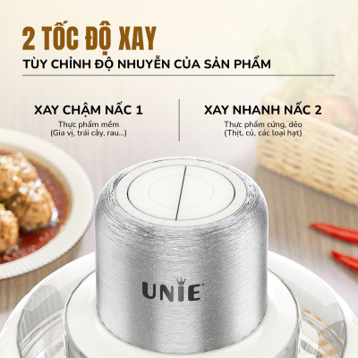 Máy xay thịt UNIE UM366, công suất 400W, 2 cối thủy tinh tiện lợi, động cơ đồng cao cấp; xay thịt, đánh ruốc, bóc tỏi tiện lợi; hàng chính hãng bảo hành 12 tháng