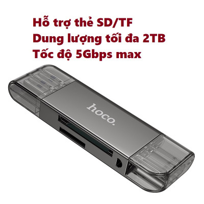 Đầu đọc thẻ nhớ đa năng chuẩn 3.0 hai đầu kết nối Usb và type C cho điện thoại laptop hoco HB39 _ hàng chính hãng