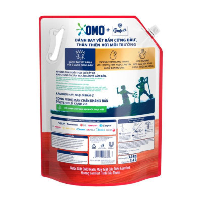 Túi Nước Giặt Omo Matic Comfort Cho Máy Giặt Cửa Trên Hương Tinh Dầu Thơm Xoáy Bay Vết Bẩn, Hương Thơm Bền Lâu 3.6Kg
