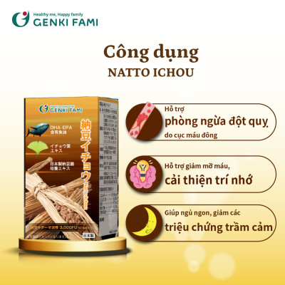 Viên Uống Bổ Não, Phòng Ngừa Đột Quỵ, Giúp Ngủ Ngon Nattokinase 3000FU Natto Ichou Genki Fami Nhật Bản Hộp 90 Viên