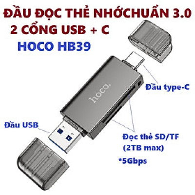Đầu đọc thẻ nhớ đa năng chuẩn 3.0 hai đầu kết nối Usb và type C cho điện thoại laptop hoco HB39 _ hàng chính hãng