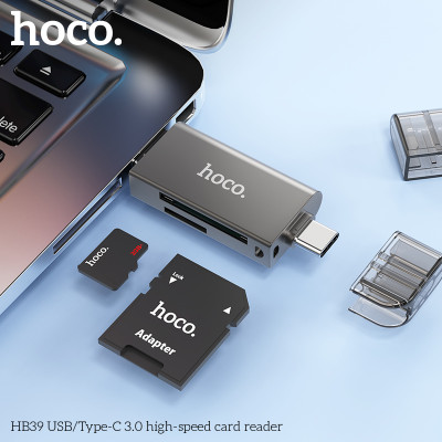 Đầu đọc thẻ nhớ đa năng chuẩn 3.0 hai đầu kết nối Usb và type C cho điện thoại laptop hoco HB39 _ hàng chính hãng