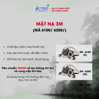 Bộ mặt nạ chống hóa chất, dùng phun thuốc trừ sâu - Mặt nạ nửa mặt 3M 6100/ 6200 kèm 2 phin lọc - Hàng chính hãng 100%