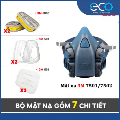 Combo (7 món) mặt nạ phòng độc 3M 7501, 7502 kết hợp phin lọc 3M 6003, tấm lọc bụi 5N11 cùng nắp giữ 501 lọc hơi độc Hơi hữu cơ vô cơ Phun sơn Phun xịt thuốc sâu Mặt nạ chính hãng