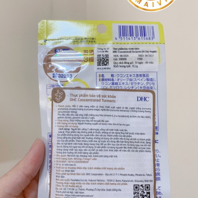Thực phẩm bảo vệ sức khỏe viên nghệ DHC Concentrated Turmeric 30 days ( hàng chính hãng, có tem phụ )