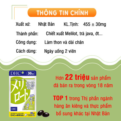 Viên uống làm thon và dài chân DHC Melilot Nhật Bản thực phẩm chức năng hỗ trợ lưu thông máu, bài tiết nước dư thừa, giảm phù nề gói 30 ngày JN-DHC-MEL30