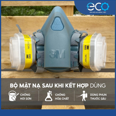 Combo (7 món) mặt nạ phòng độc 3M 7501, 7502 kết hợp phin lọc 3M 6003, tấm lọc bụi 5N11 cùng nắp giữ 501 lọc hơi độc Hơi hữu cơ vô cơ Phun sơn Phun xịt thuốc sâu Mặt nạ chính hãng
