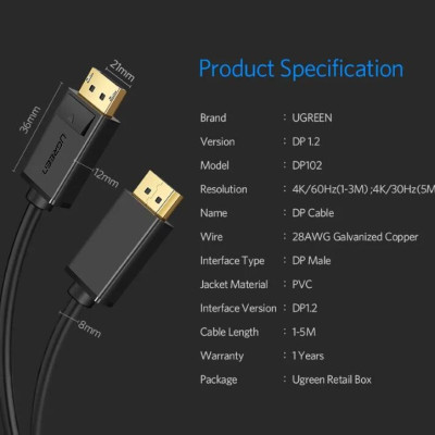 Ugreen UG10211DP102TK 2M Màu Đen Cáp 2 Đầu Displayport chuẩn V1.2 thuần đồng - HÀNG CHÍNH HÃNG