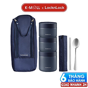 Bộ hộp cơm giữ nhiệt LocknLock Lunch Box LHC8052S01 3 hộp giữ nhiệt kèm túi, muỗng đũa màu xanh  - Hapos