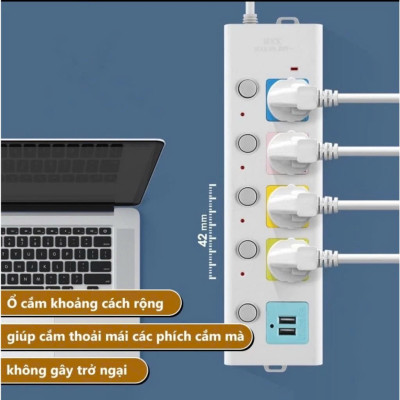 Ổ Cắm Điện Đa Năng Kết Hợp Ổ Cắm USB Chất Lượng Cao 4 Lỗ 3 Chấu Kéo Dài 1.8m Có Công Tắc Tải 2500W Nắp Chống Giật Chống Cháy Tiện Dụng An Toàn Chống Cháy Nổ
