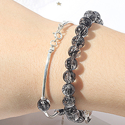 Vòng 2 line đá thạch anh tóc đen phối charm trăng sao mệnh thủy, mộc - Ngọc Quý Gemstones
