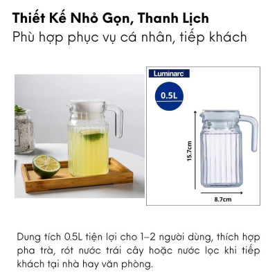 Bình đựng nước, pha trà thủy tinh Luminarc Quadro G2667/23369, dung tích 0.5L, dùng máy rửa bát | Hàng chính hãng