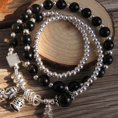 Vòng 3 line đá thạch anh tóc đen phối tỳ hưu mệnh thủy, mộc - Ngọc Quý Gemstones