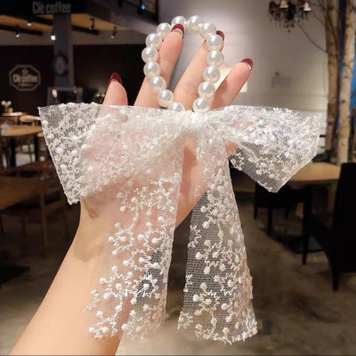 Dây Cột Tóc/ Buộc Tóc Ngọc Trai Phối Nơ Ren Cho Nữ Màu Trắng, Be Nữ Tính 2021