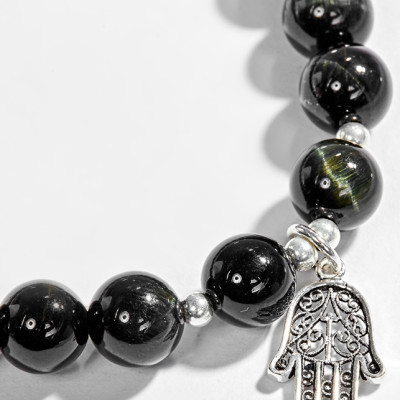 Vòng Tay Đá Mắt Hổ Xanh Đen Phối Bàn Tay Hamsa Bạc Ngọc Quý Gemstones