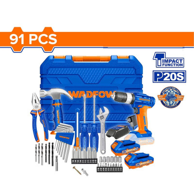 BỘ 91 MÓN DỤNG CỤ GỒM MÁY KHOAN BÚA DÙNG PIN 20V (WCDP522) WDT1B90 WADFOW (KÈM 2 PIN 1.5AH & SẠC) - HÀNG CHÍNH HÃNG