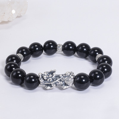 Vòng Tay Phong Thủy Đá Obsidian Phối Charm Tỳ Hưu Bạc (10mm) Mệnh Thủy, Mộc Ngọc Quý Gemstones