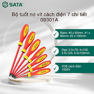 Bộ tuốt nơ vít cách điện 7 chi tiết, VDE cách điện 1000V SATA 09301A