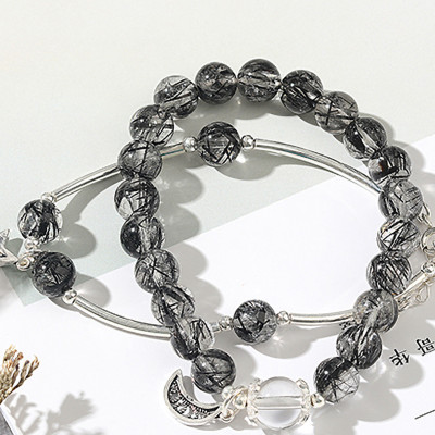 Vòng 2 line đá thạch anh tóc đen phối charm trăng sao mệnh thủy, mộc - Ngọc Quý Gemstones