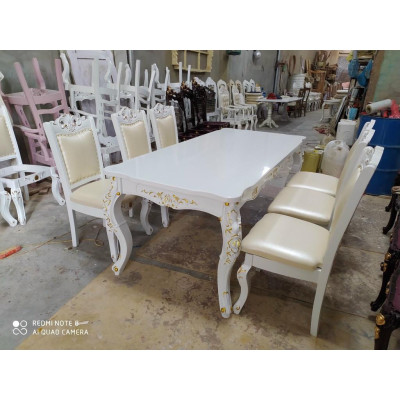 Bàn ăn Tân Cổ Điển khung gỗ mặt bàn đá nhân tạo