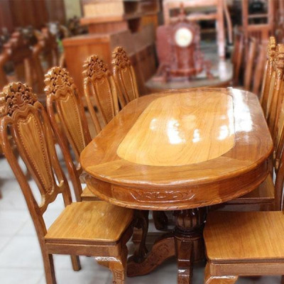 Bàn ăn căm xe mặt gõ hình oval , BỘ bàn ăn 6 ghế , bộ bàn ăn gỗ cao cấp