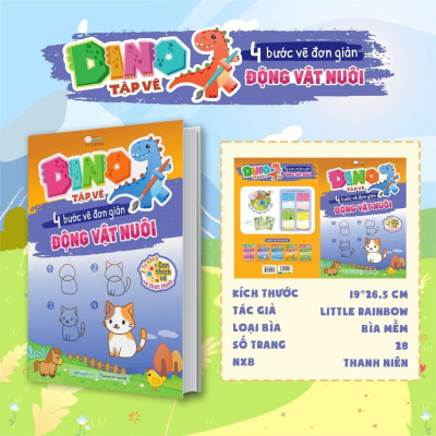 Sách - Dino Tập Vẽ - 4 Bước Tập Vẽ Đơn Giản Cho Bé - 10 Trang Stickers - Megabook