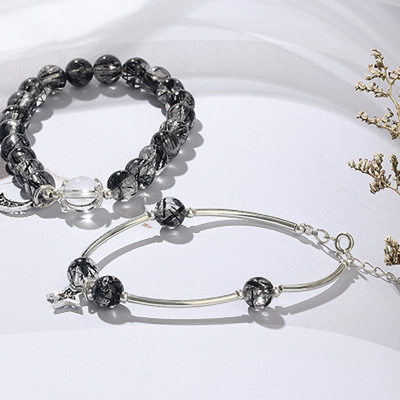 Vòng 2 line đá thạch anh tóc đen phối charm trăng sao mệnh thủy, mộc - Ngọc Quý Gemstones