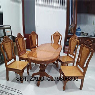 Bàn ăn căm xe mặt gõ hình oval , BỘ bàn ăn 6 ghế , bộ bàn ăn gỗ cao cấp