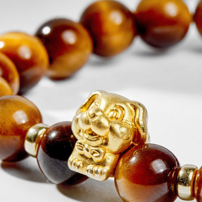 Vòng Tay Đá Mắt Hổ Vàng Nâu Phối Charm 12 Con Giáp Bạc Mạ Vàng 24K Size Hạt 8mm Mệnh Thổ, Kim - Ngọc Quý Gemstones