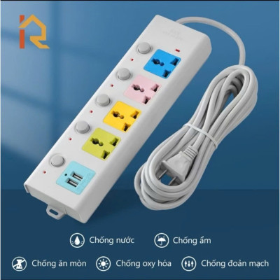 Ổ Cắm Điện Đa Năng Kết Hợp Ổ Cắm USB Chất Lượng Cao 4 Lỗ 3 Chấu Kéo Dài 1.8m Có Công Tắc Tải 2500W Nắp Chống Giật Chống Cháy Tiện Dụng An Toàn Chống Cháy Nổ