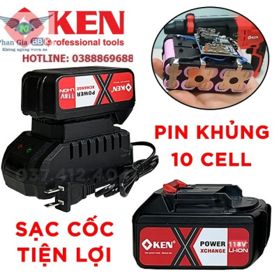 Máy Khoan Bê Tông KEN 188V - PIN 15 CELL 3 Chức năng - Động Cơ Từ Không Chổi Than - Máy Khoan Có Búa 100% Dây Đồng - Bảo Hành 12 Tháng