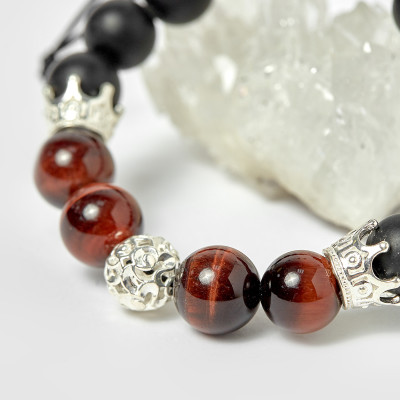 Vòng đá obsidian phối thạch anh mắt hổ nâu đỏ và charm vương miệng bạc hạt 10mm - Ngọc Quý Gemstones