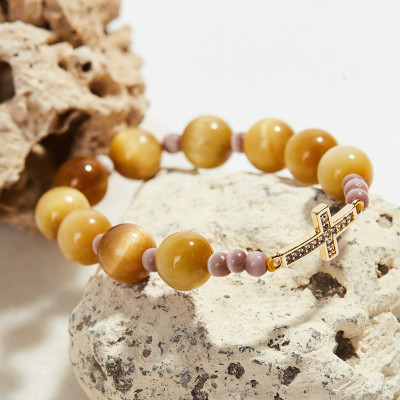 Vòng Tay Mân Côi Đá Thạch Anh Mắt Hổ Vàng Tâm hạt 10mm, Ni 52 - Ngọc Quý Gemstones