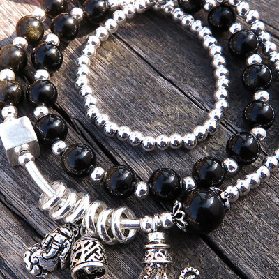 Vòng 3 line đá thạch anh tóc đen phối tỳ hưu mệnh thủy, mộc - Ngọc Quý Gemstones