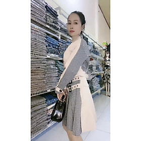Set váy xếp ly houndstooth và áo khoác croptop cực cool Myqlothing.