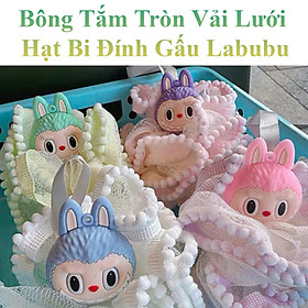 Bông Tắm Tròn Vải Lưới Hạt Bi Đính Gấu Labubu Dễ Thương Tạo Bọt Có Dây Treo Tường