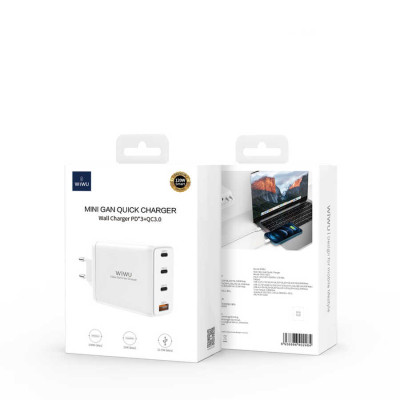 Adapter củ cóc sạc nhanh 120W đa năng 4 in 1 gồm 1 USB A và 3 PD Type-C hiệu WIWU Mini GaN Quick Charger chuẩn sạc nhanh PD 3.0 & QC 4.0 (công nghệ GAN + Silic, chip sạc thông minh, công nghệ tản nhiệt mới, chân cắm US-UK) - Hàng nhập khẩu