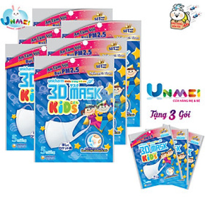 Combo Unmei - Bộ 6 Khẩu trang dành cho bé Unicharm 3D Mask Kid (Ngăn được bụi mịn PM2.5) loại 5 miếng Tặng thêm 3 gói loại 3 miếng