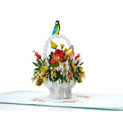 Thiệp 3D Pop Up Giỏ Hoa & Chim – Thiệp Hoa Chúc Mừng, Sinh Nhật, Tri Ân, Độc Đáo, F18