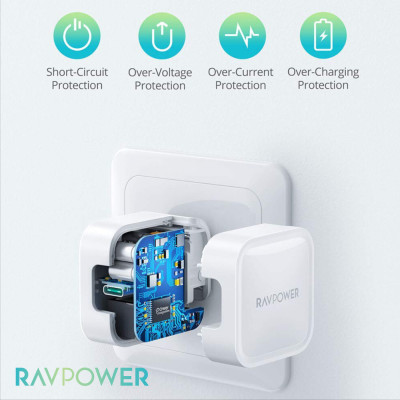 Bộ Củ Sạc Nhanh Type C 30W Cho iPhone 15, iP16, Cho SamSung RAVPower RP-PC120 Và Cáp Type C to C RP-CB047 - Hàng Chính Hãng
