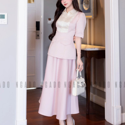 Set áo váy hồng cổ phối trắng NGADO , set áo kèm chân váy xòe , set váy công dở , dự tiệc