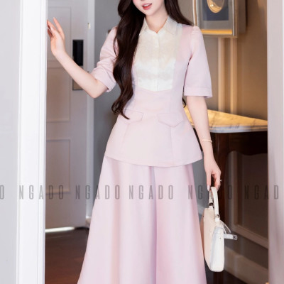 Set áo váy hồng cổ phối trắng NGADO , set áo kèm chân váy xòe , set váy công dở , dự tiệc